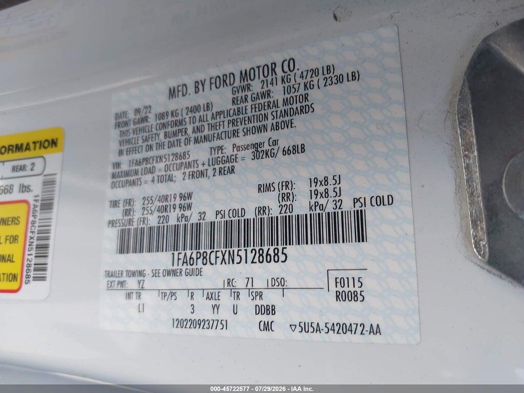 1FA6P8CFXN5128685 2022 FORD MUSTANG photo no. 9