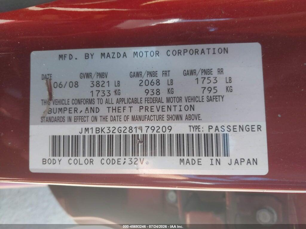 JM1BK32G281179209 2008 MAZDA MAZDA3 photo no. 9