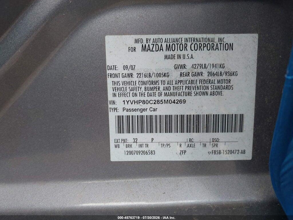1YVHP80C285M04269 2008 MAZDA MAZDA6 photo no. 9
