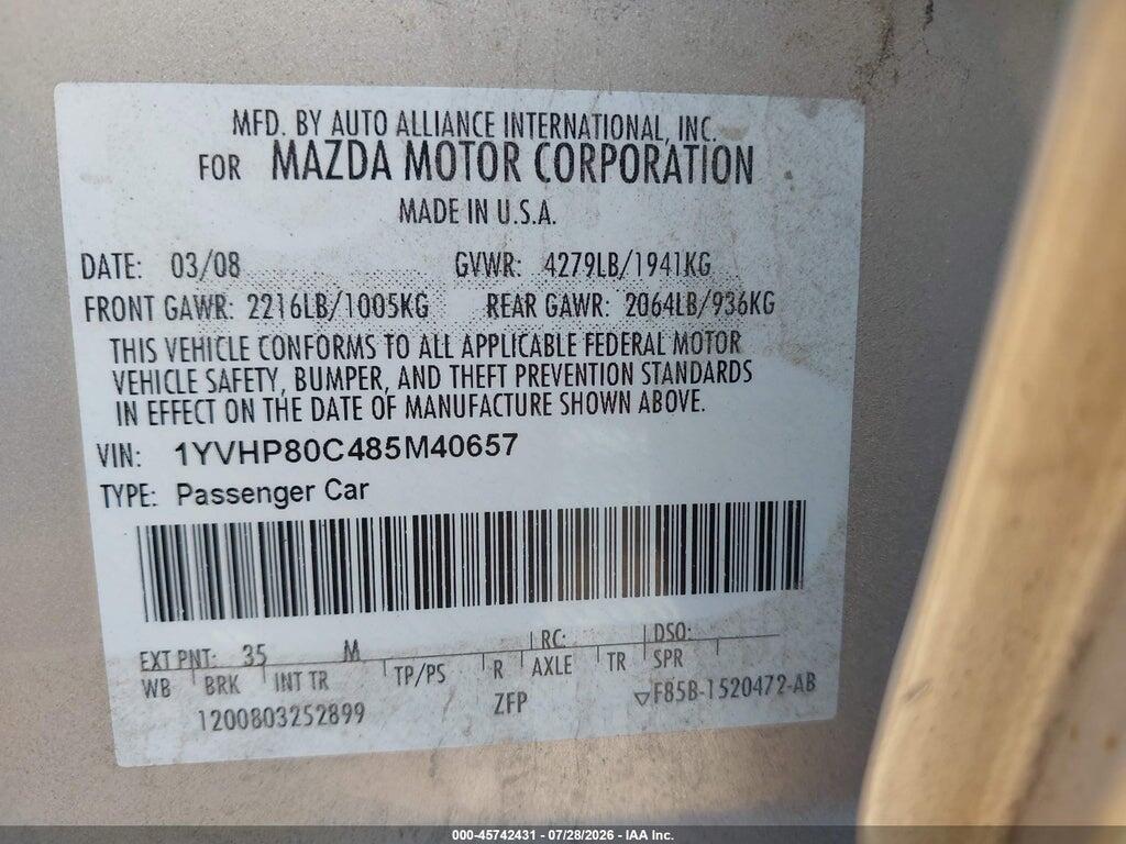 1YVHP80C485M40657 2008 MAZDA MAZDA6 photo no. 9