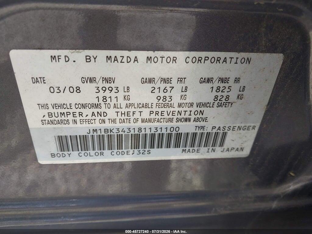 JM1BK343181131100 2008 MAZDA MAZDA3 photo no. 9