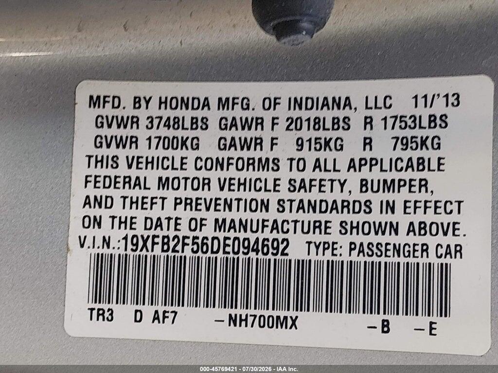 19XFB2F56DE094692 2013 HONDA CIVIC photo no. 9
