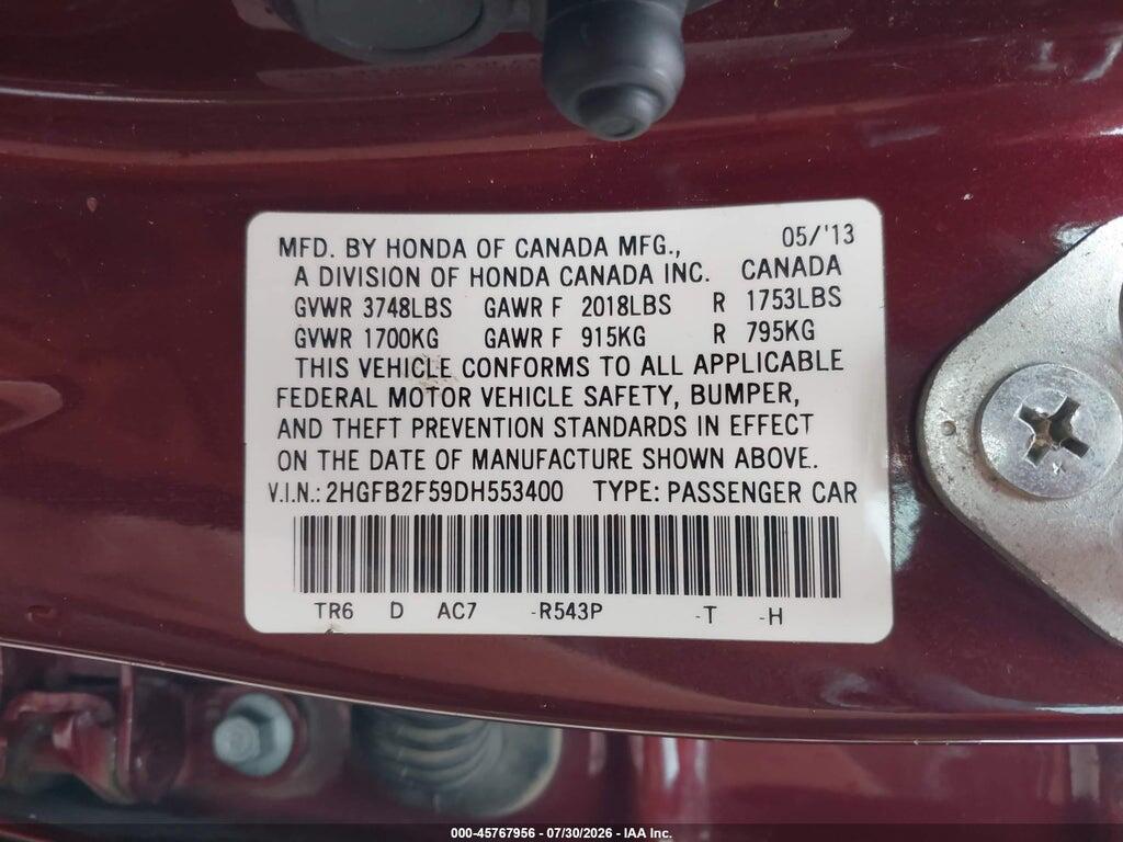 2HGFB2F59DH553400 2013 HONDA CIVIC photo no. 9