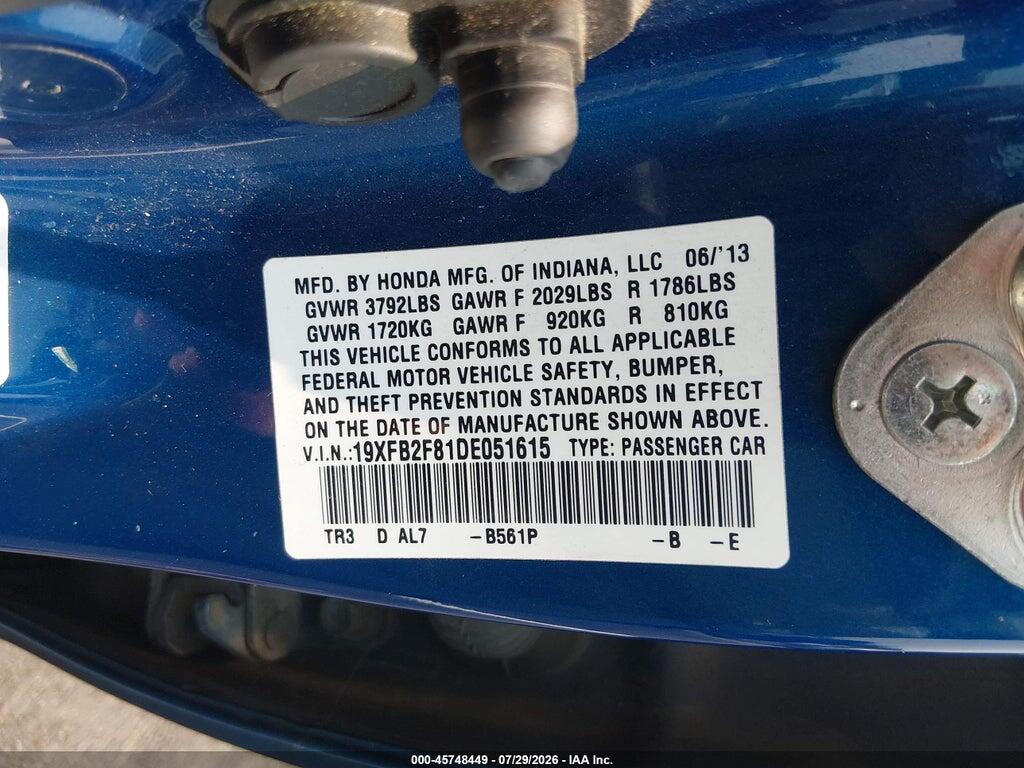 19XFB2F81DE051615 2013 HONDA CIVIC photo no. 9