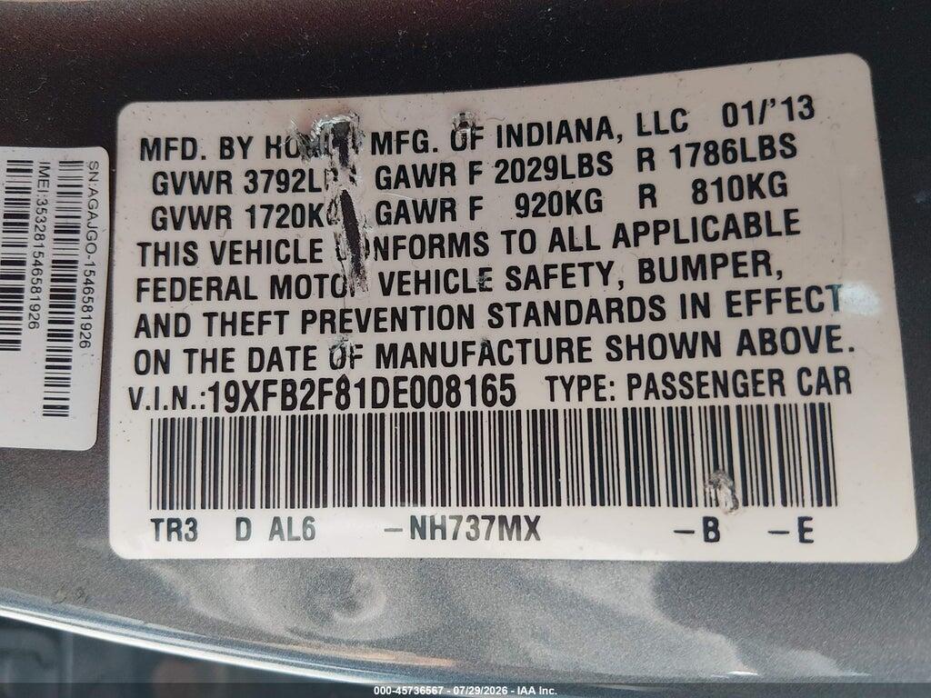 19XFB2F81DE008165 2013 HONDA CIVIC photo no. 9