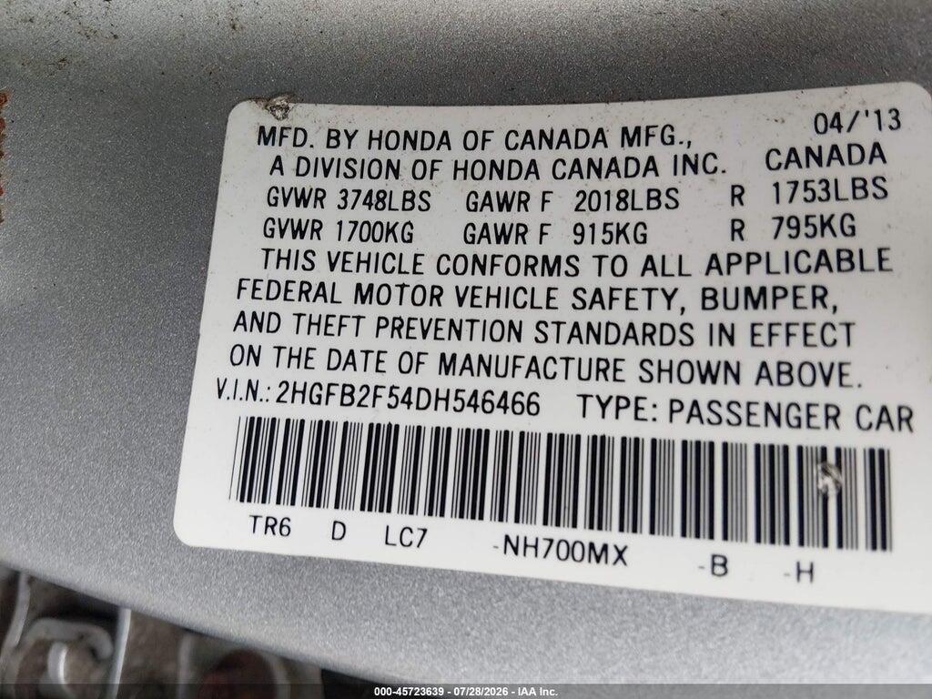 2HGFB2F54DH546466 2013 HONDA CIVIC photo no. 9