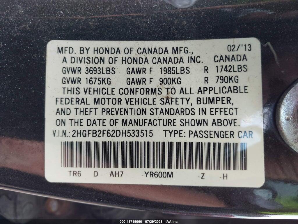 2HGFB2F62DH533515 2013 HONDA CIVIC photo no. 9