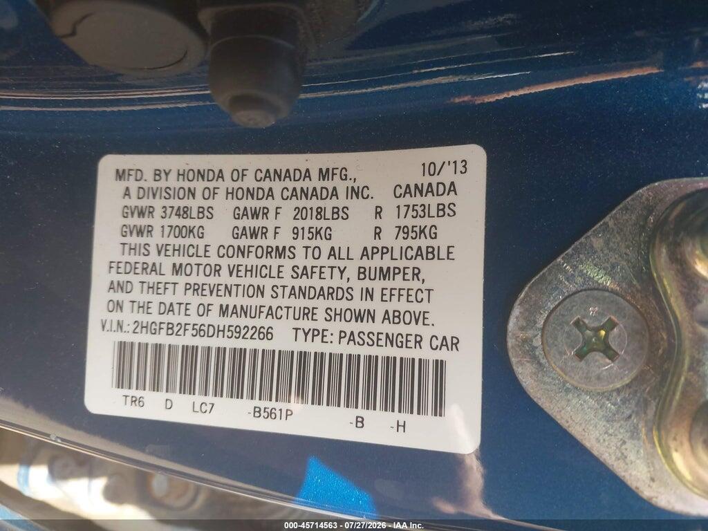 2HGFB2F56DH592266 2013 HONDA CIVIC photo no. 9