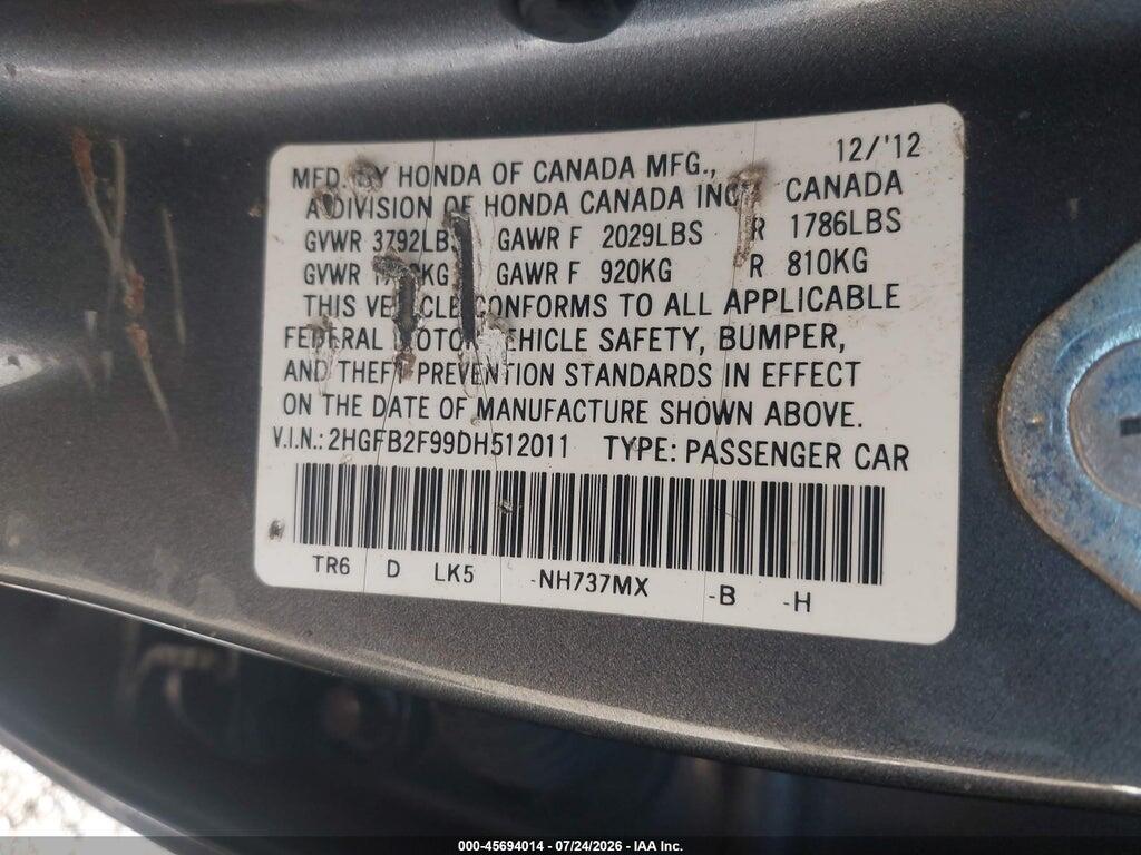 2HGFB2F99DH512011 2013 HONDA CIVIC photo no. 9
