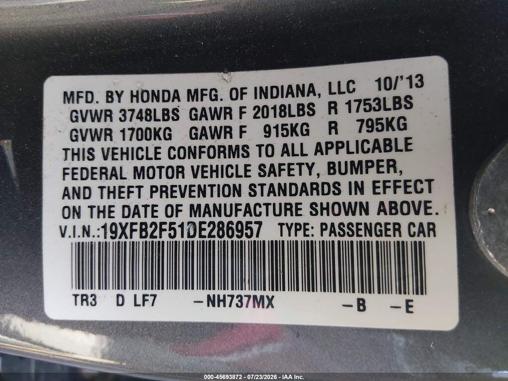19XFB2F51DE286957 2013 HONDA CIVIC photo no. 9