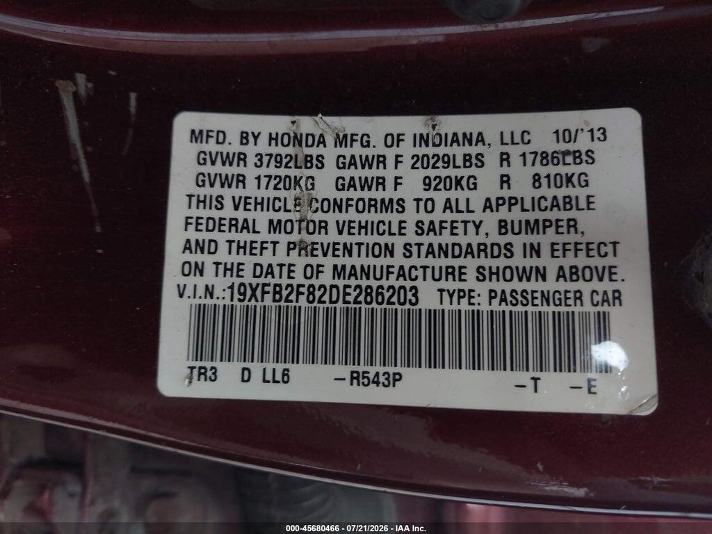19XFB2F82DE286203 2013 HONDA CIVIC photo no. 9