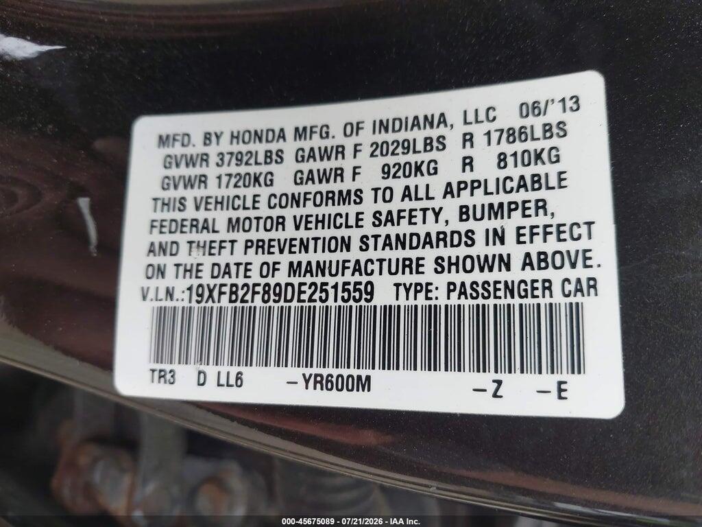 19XFB2F89DE251559 2013 HONDA CIVIC photo no. 9