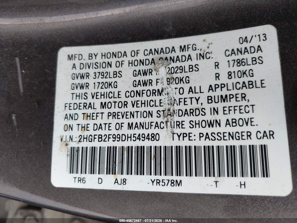 2HGFB2F99DH549480 2013 HONDA CIVIC photo no. 9