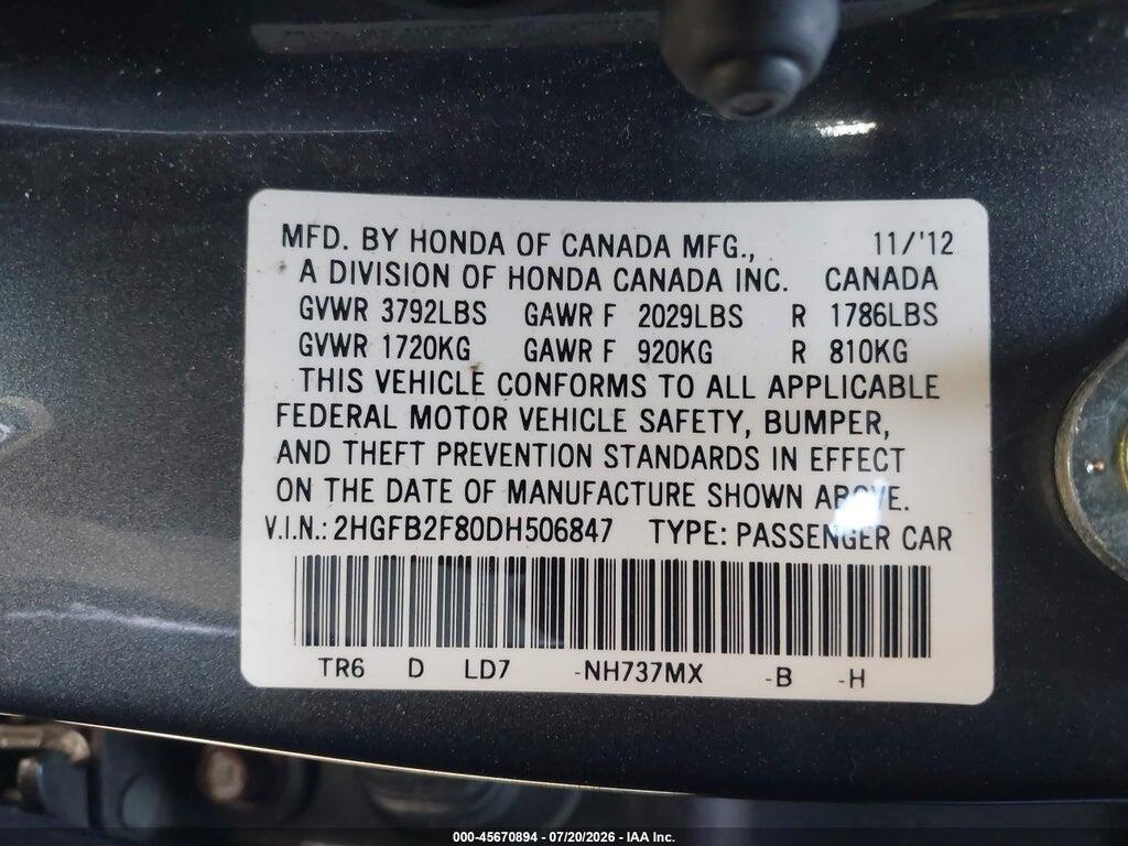 2HGFB2F80DH506847 2013 HONDA CIVIC photo no. 9