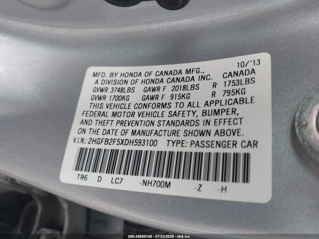 2HGFB2F5XDH593100 2013 HONDA CIVIC photo no. 9