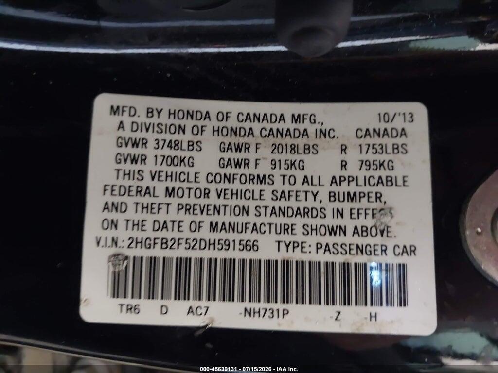 2HGFB2F52DH591566 2013 HONDA CIVIC photo no. 9