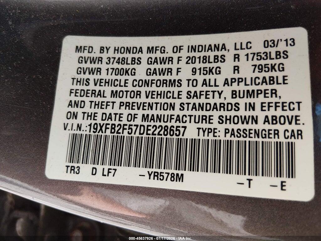 19XFB2F57DE228657 2013 HONDA CIVIC photo no. 9