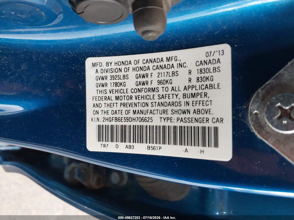 2HGFB6E59DH706625 2013 HONDA CIVIC photo no. 9