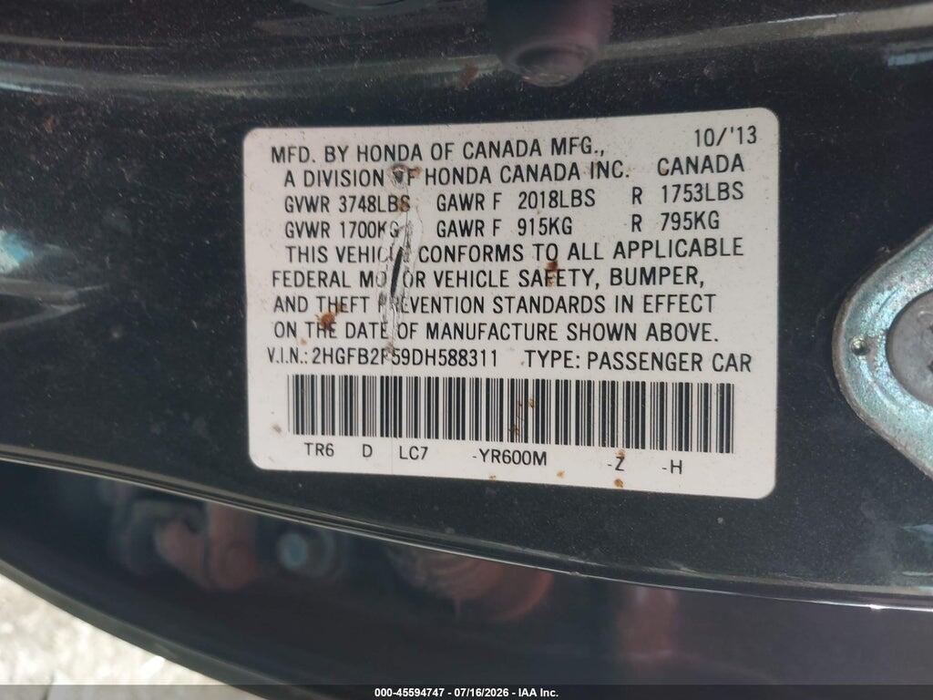 2HGFB2F59DH588311 2013 HONDA CIVIC photo no. 9