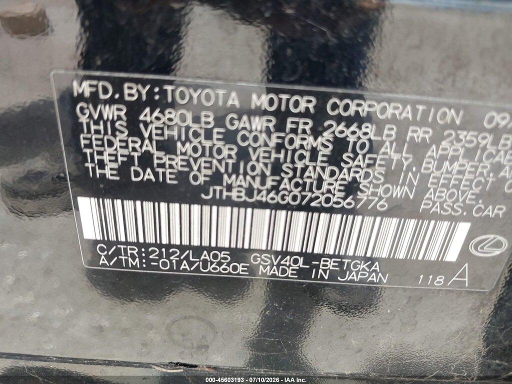 JTHBJ46G072056776 2007 LEXUS ES 350 photo no. 9