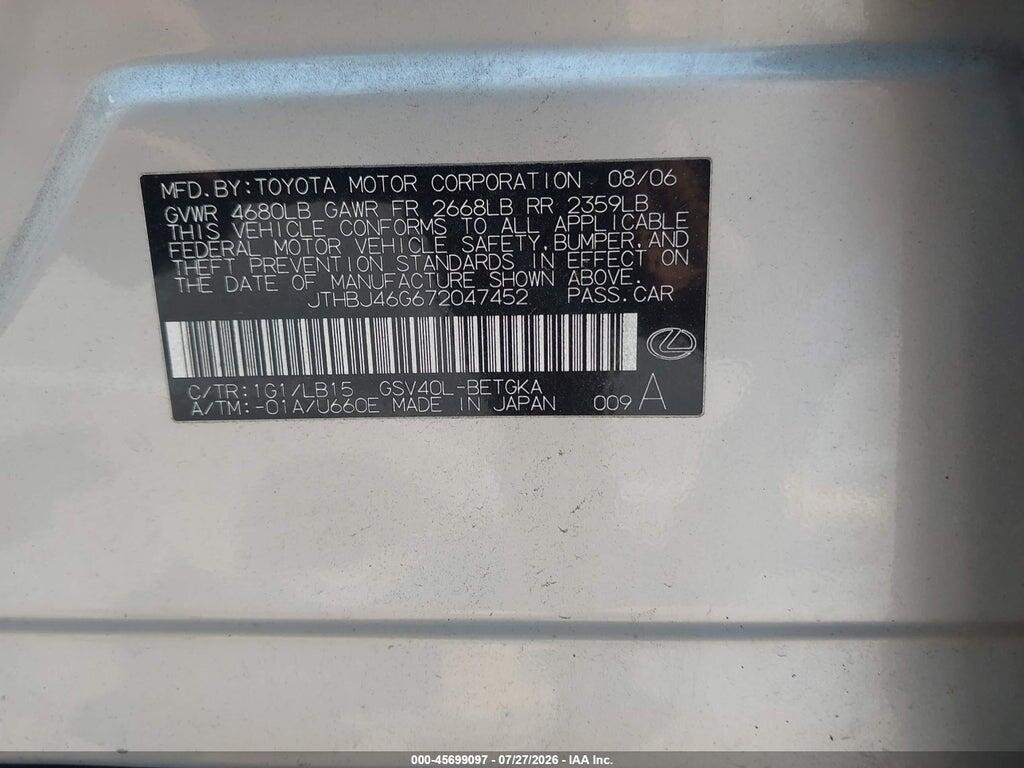 JTHBJ46G672047452 2007 LEXUS ES 350 photo no. 9