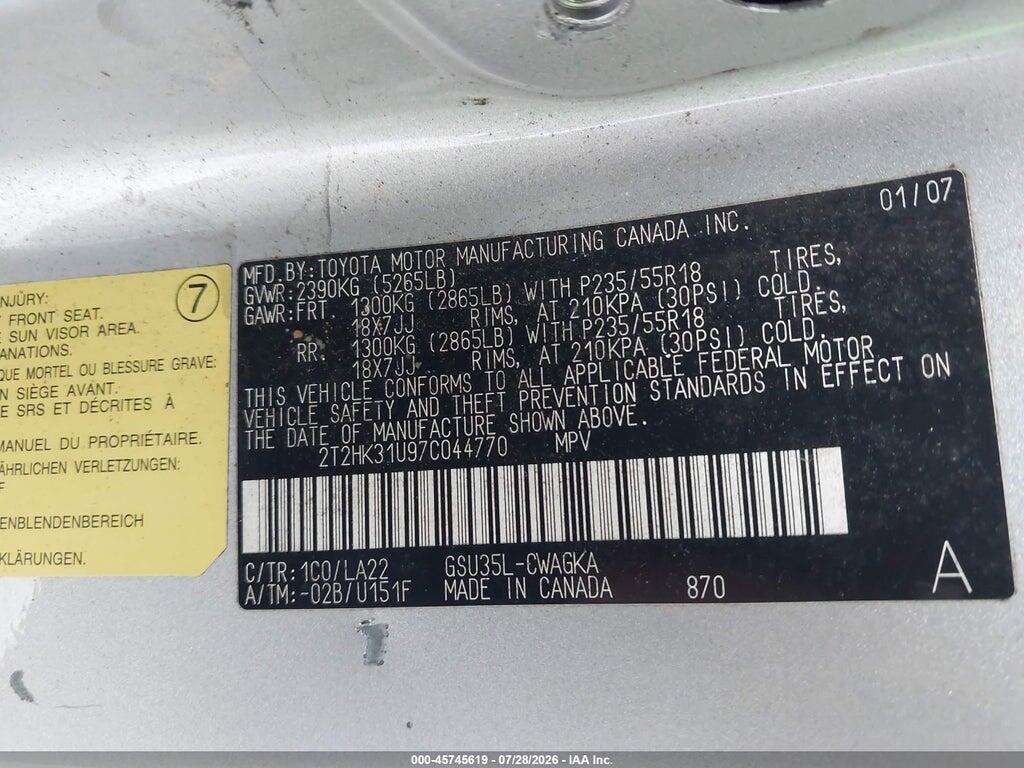 2T2HK31U97C044770 2007 LEXUS RX 350 photo no. 9