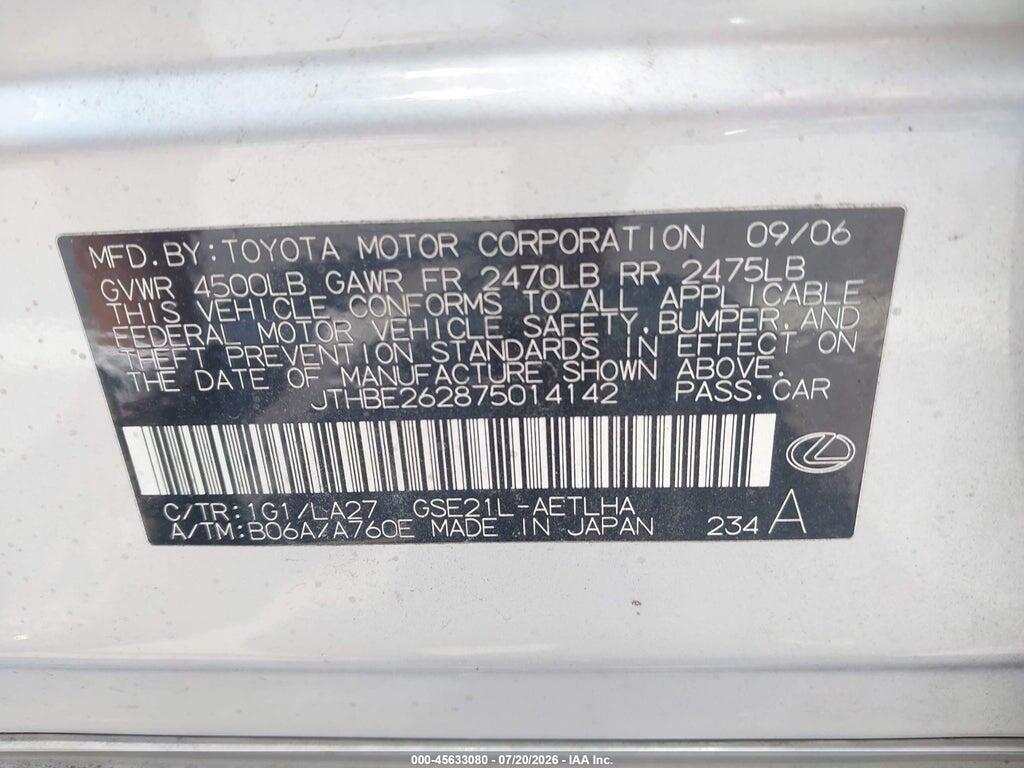 JTHBE262875014142 2007 LEXUS IS 350 photo no. 9