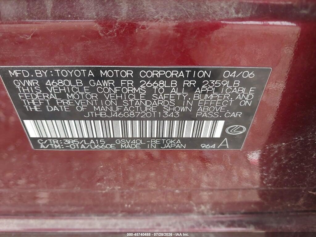 JTHBJ46G872011343 2007 LEXUS ES 350 photo no. 9