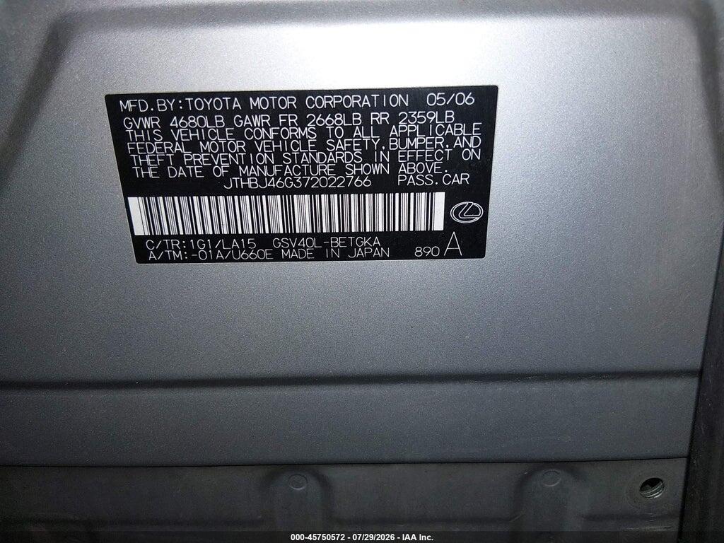 JTHBJ46G372022766 2007 LEXUS ES 350 photo no. 9