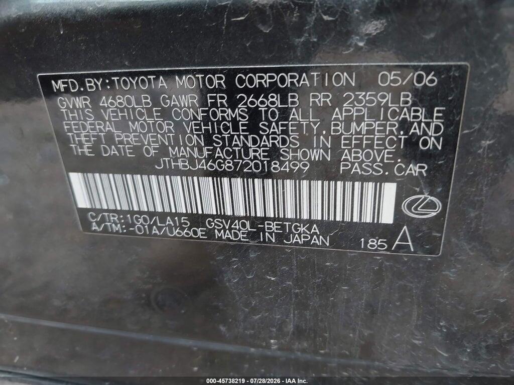 JTHBJ46G872018499 2007 LEXUS ES 350 photo no. 9