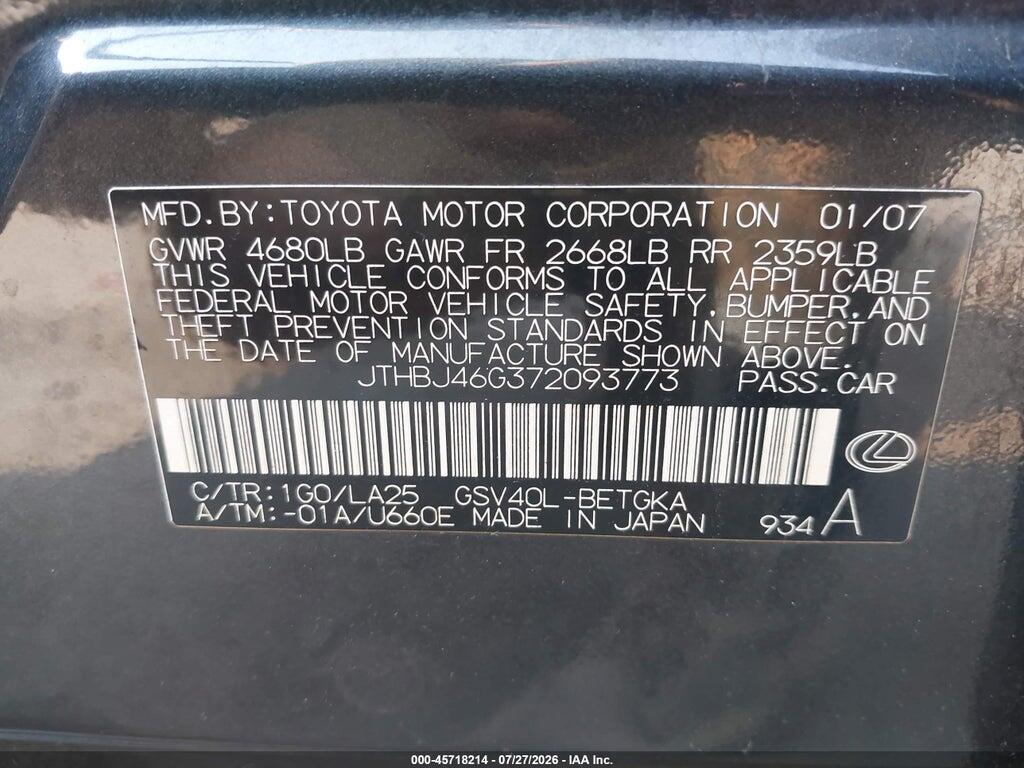 JTHBJ46G372093773 2007 LEXUS ES 350 photo no. 9