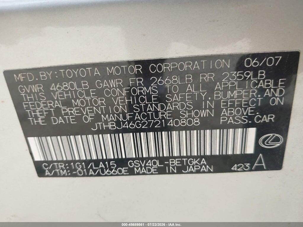 JTHBJ46G272140808 2007 LEXUS ES 350 photo no. 9