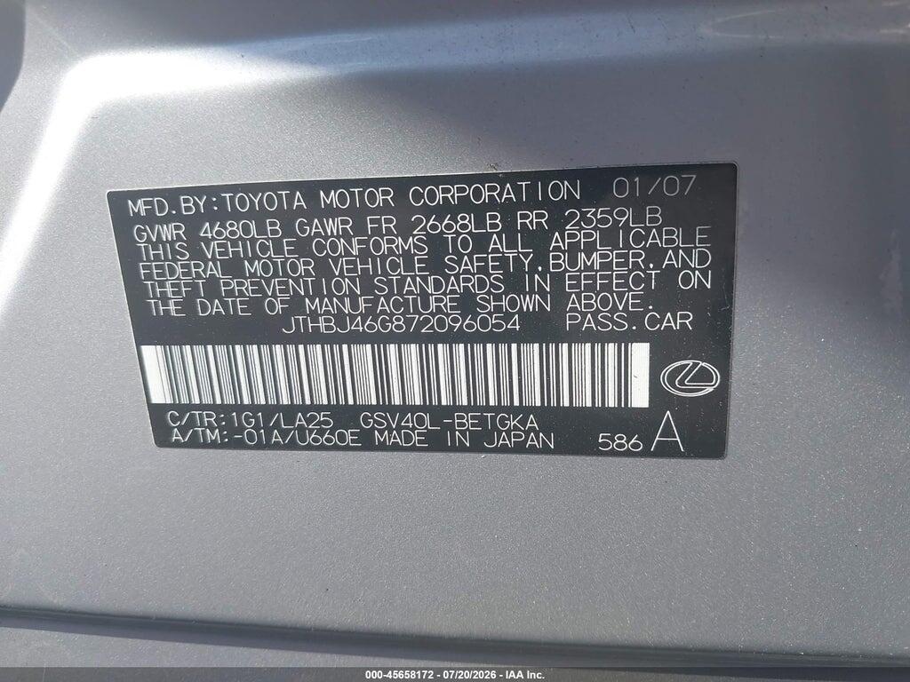 JTHBJ46G872096054 2007 LEXUS ES 350 photo no. 9