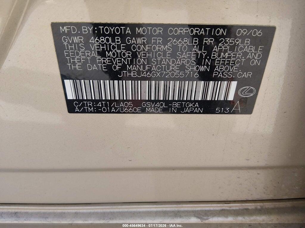 JTHBJ46GX72055716 2007 LEXUS ES 350 photo no. 9