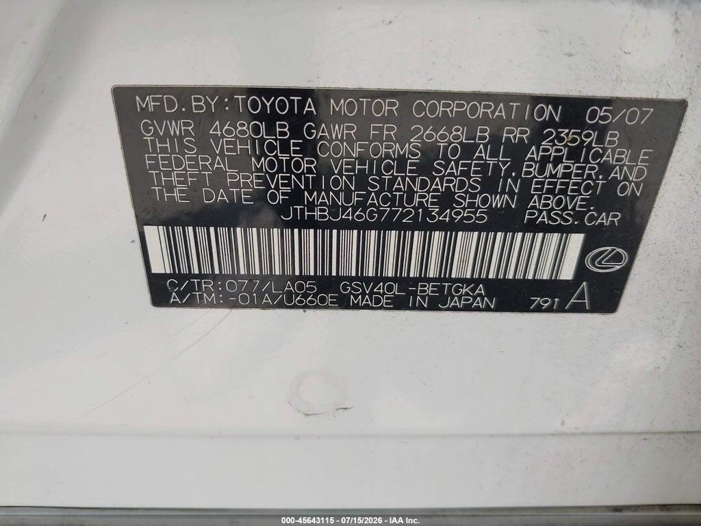 JTHBJ46G772134955 2007 LEXUS ES 350 photo no. 9