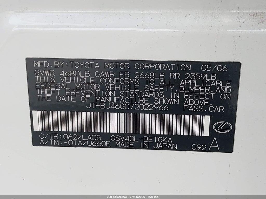 JTHBJ46G072022966 2007 LEXUS ES 350 photo no. 9