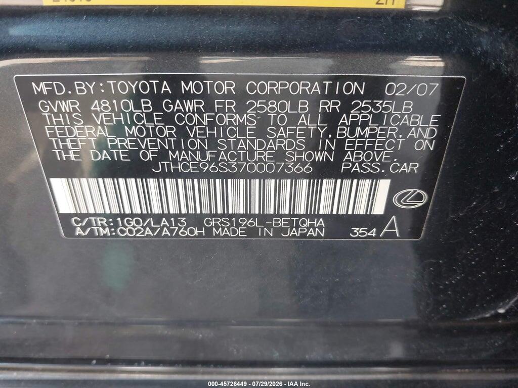 JTHCE96S370007366 2007 LEXUS GS 350 photo no. 9