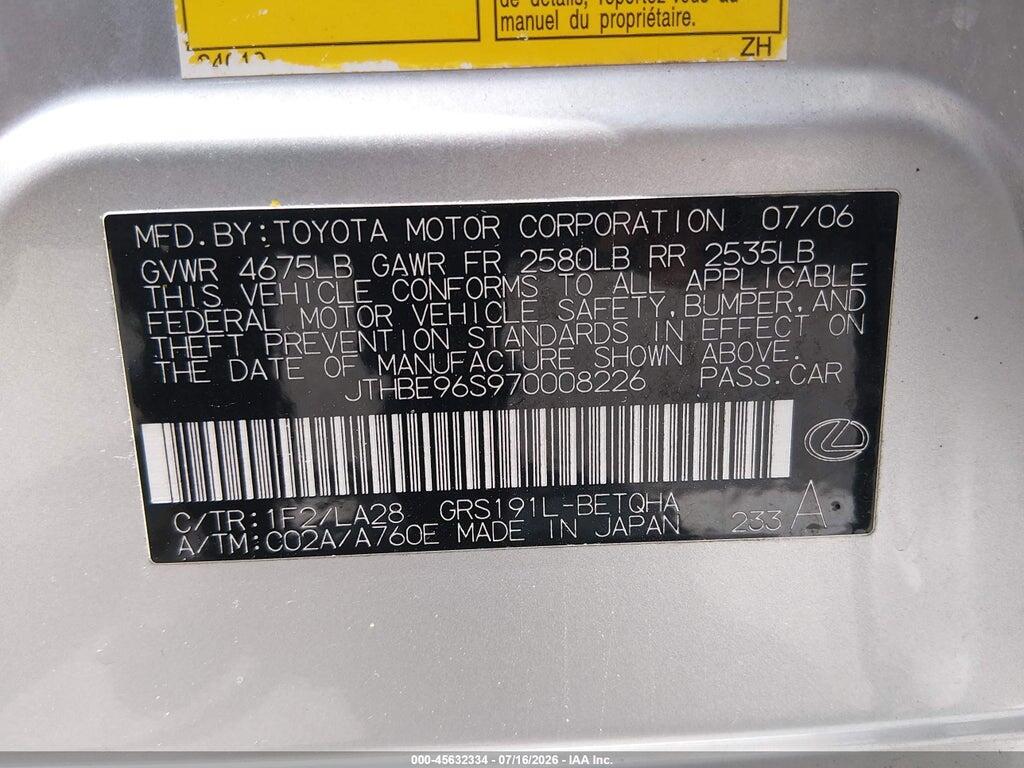 JTHBE96S970008226 2007 LEXUS GS 350 photo no. 9