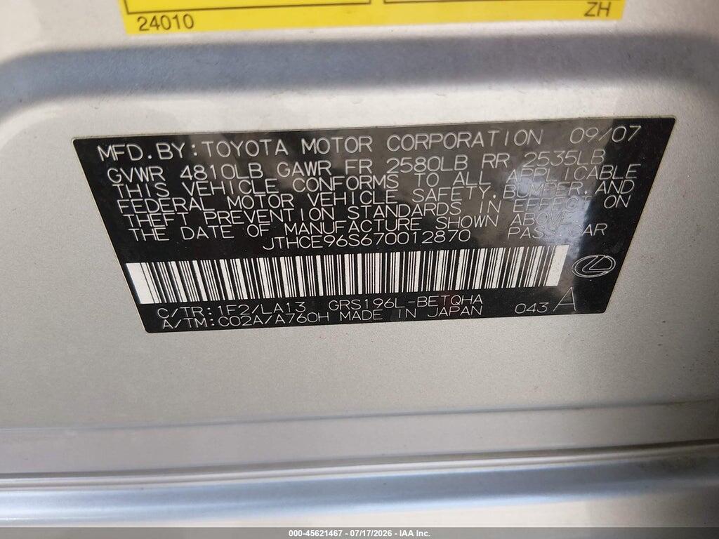 JTHCE96S670012870 2007 LEXUS GS 350 photo no. 9