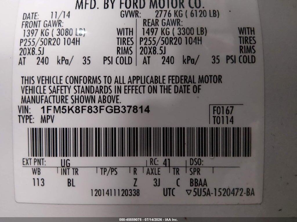 1FM5K8F83FGB37814 2015 FORD EXPLORER photo no. 9