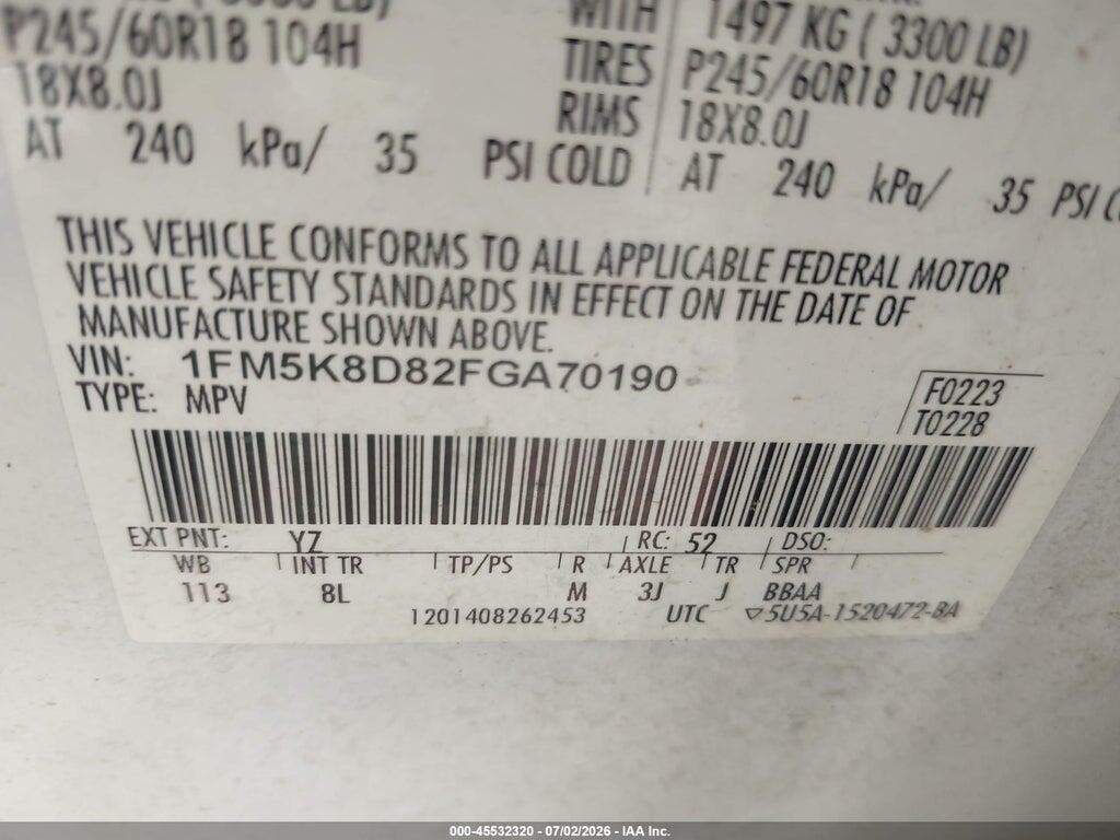 1FM5K8D82FGA70190 2015 FORD EXPLORER photo no. 9