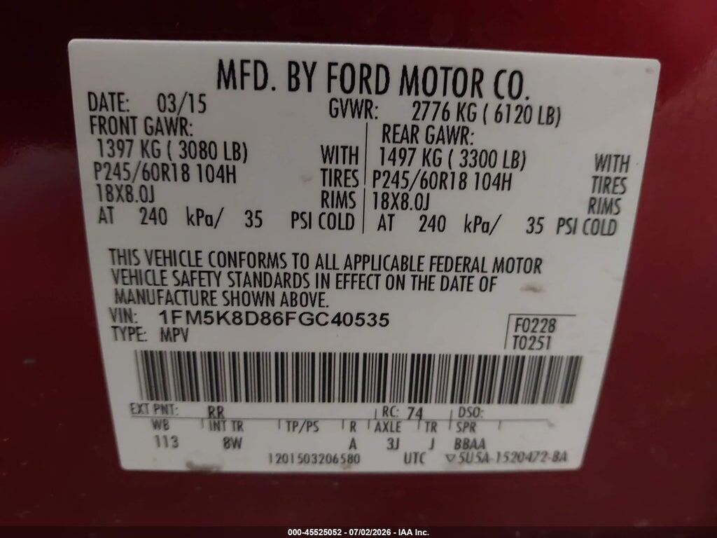 1FM5K8D86FGC40535 2015 FORD EXPLORER photo no. 9