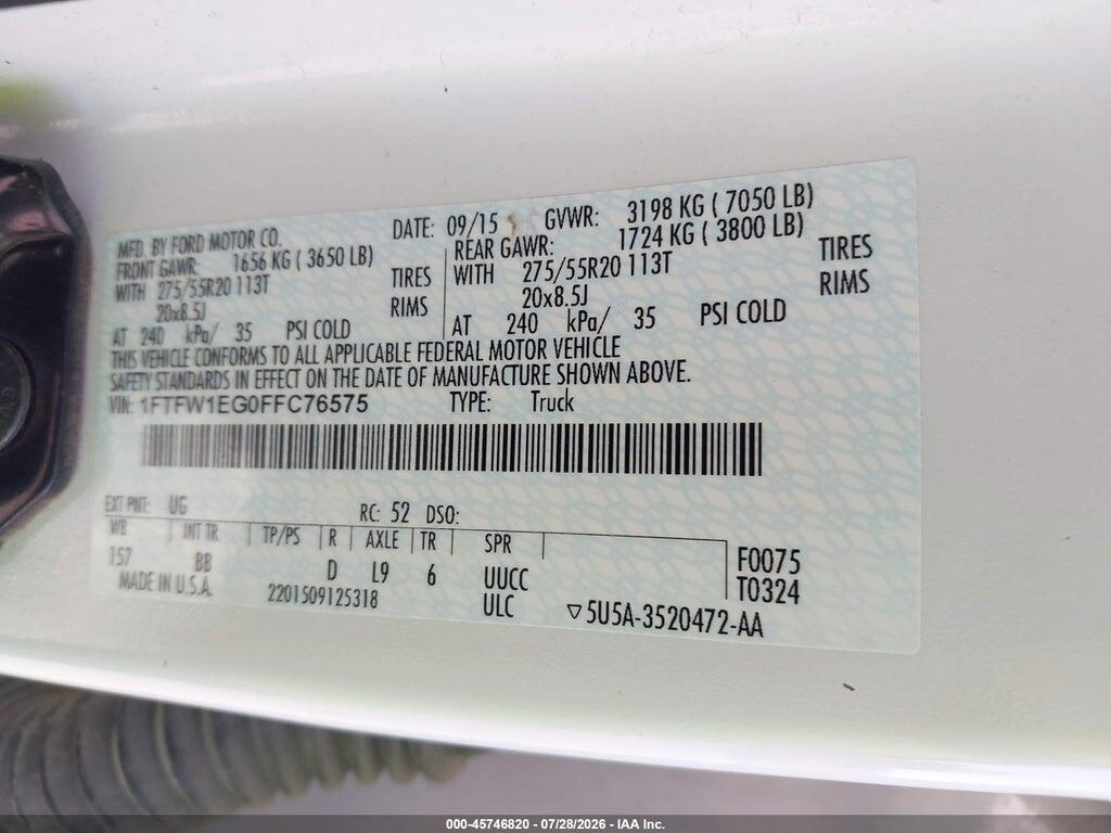 1FTFW1EG0FFC76575 2015 FORD F-150 photo no. 9