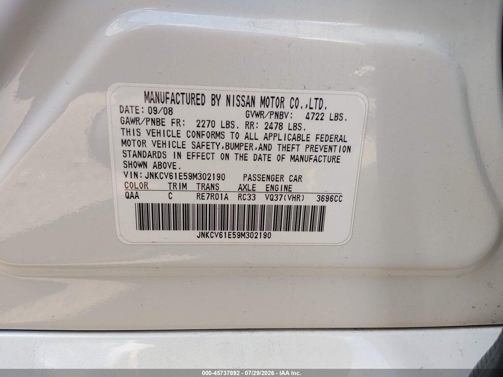 JNKCV61E59M302190 2009 INFINITI G37 photo no. 9