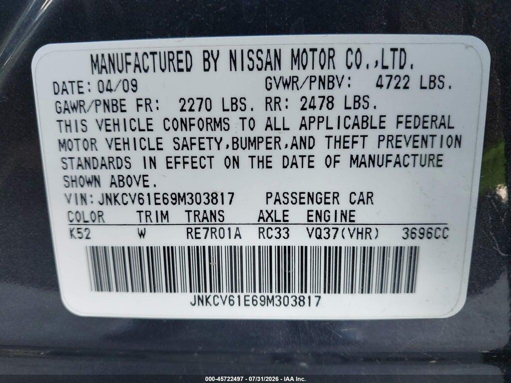 JNKCV61E69M303817 2009 INFINITI G37 photo no. 9
