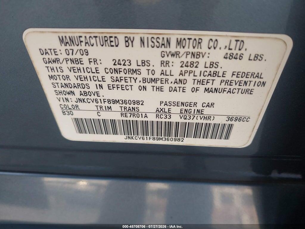 JNKCV61F89M360982 2009 INFINITI G37X photo no. 9