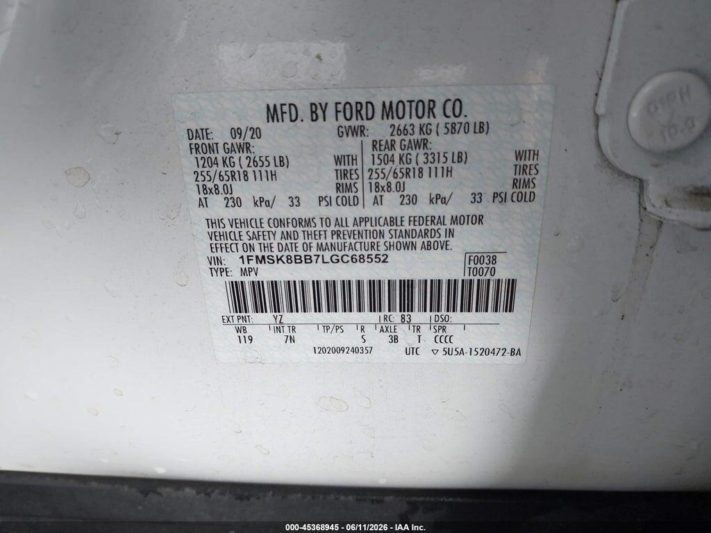 1FMSK8BB7LGC68552 2020 FORD EXPLORER photo no. 9