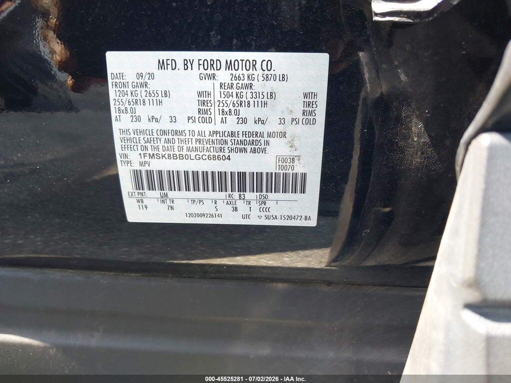1FMSK8BB0LGC68604 2020 FORD EXPLORER photo no. 9