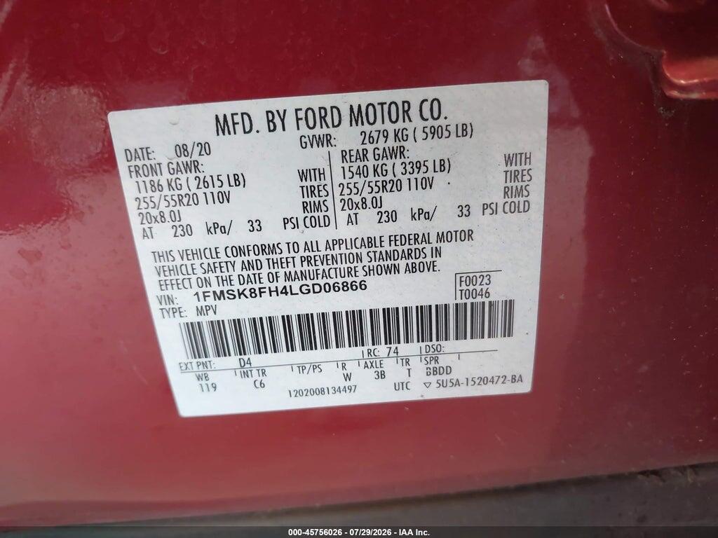 1FMSK8FH4LGD06866 2020 FORD EXPLORER photo no. 9