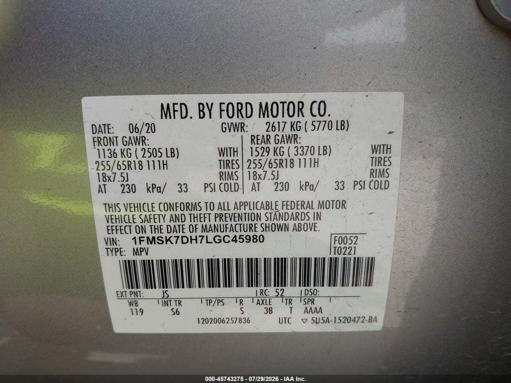 1FMSK7DH7LGC45980 2020 FORD EXPLORER photo no. 9